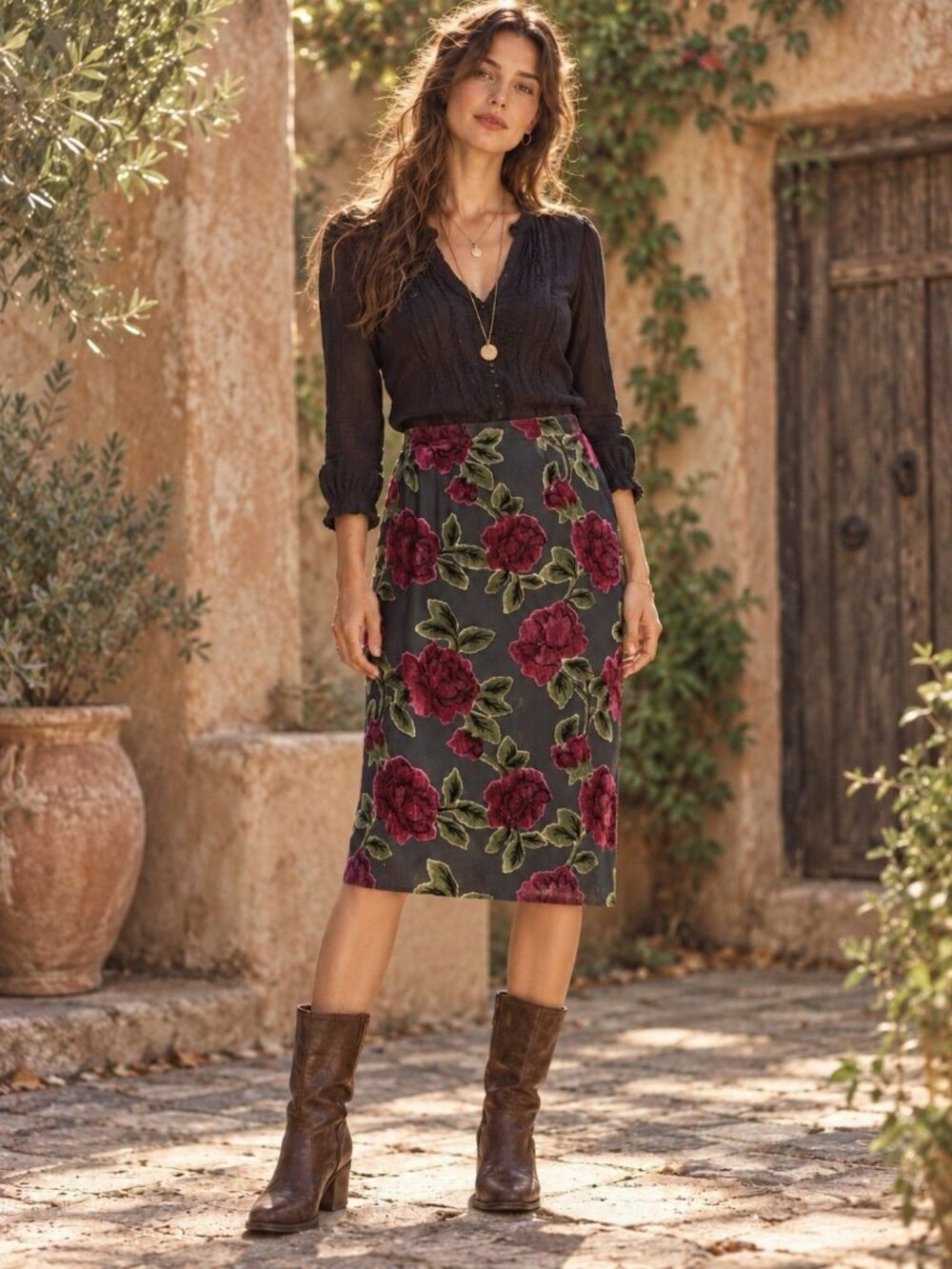 Vintage Johnny Was Collection M Black Silk Velvet Burnout Rose Midi Skirt